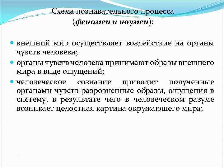 Схема познавательного процесса (феномен и ноумен): внешний мир осуществляет воздействие на органы чувств человека;