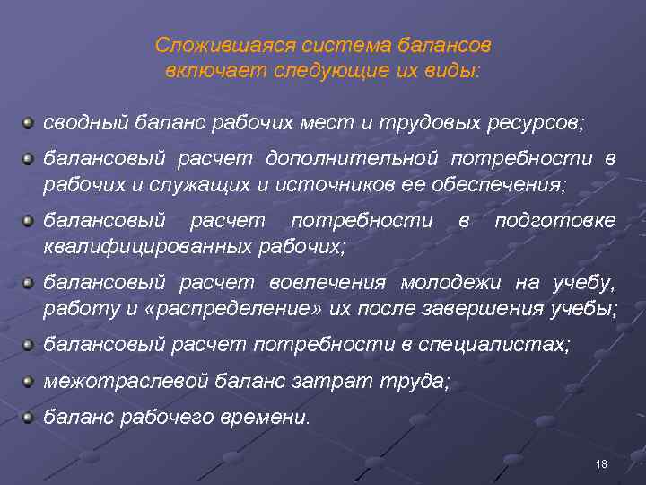 Сложившаяся система балансов включает следующие их виды: сводный баланс рабочих мест и трудовых ресурсов;