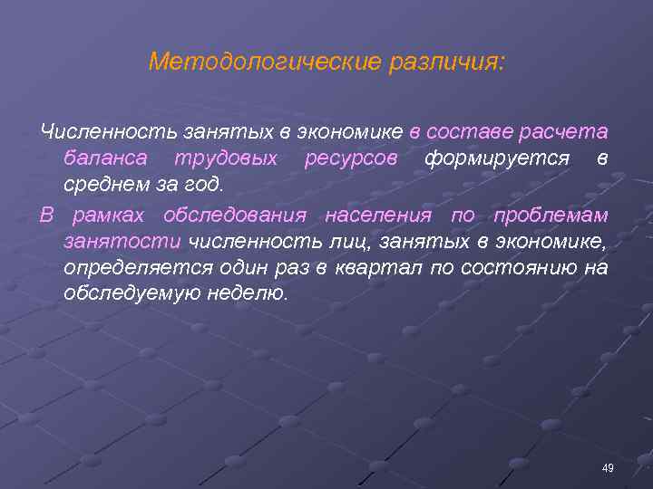 Методологические различия: Численность занятых в экономике в составе расчета баланса трудовых ресурсов формируется в