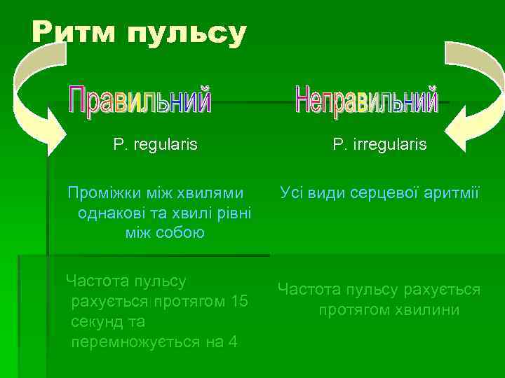 Ритм пульсу P. regularis P. irregularis Проміжки між хвилями однакові та хвилі рівні між