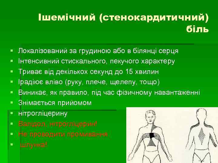 Ішемічний (стенокардитичний) біль § § § § § Локалізований за грудиною або в білянці