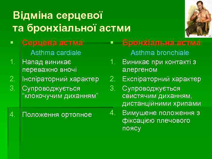 Відміна серцевої та бронхіальної астми § Серцева астма 1. 2. 3. Asthma cardiale Напад