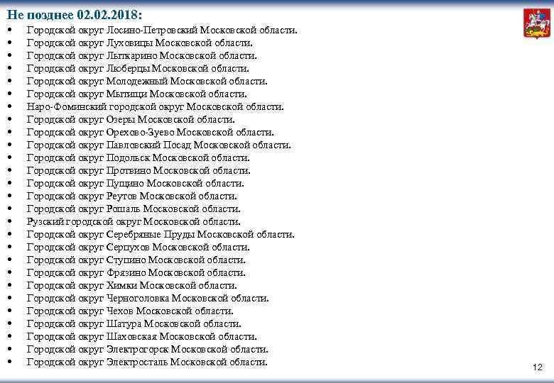 Не позднее 02. 2018: • Городской округ Лосино-Петровский Московской области. • Городской округ Луховицы