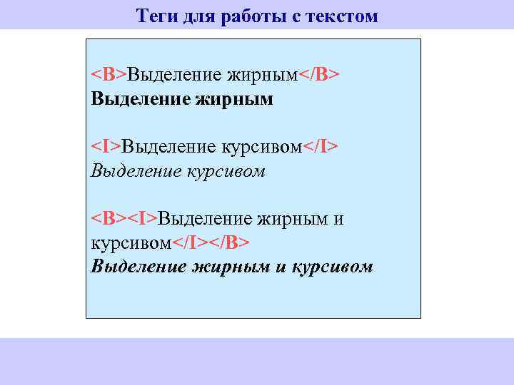 Теги для работы с текстом <B>Выделение жирным</B> Выделение жирным <I>Выделение курсивом</I> Выделение курсивом <B><I>Выделение