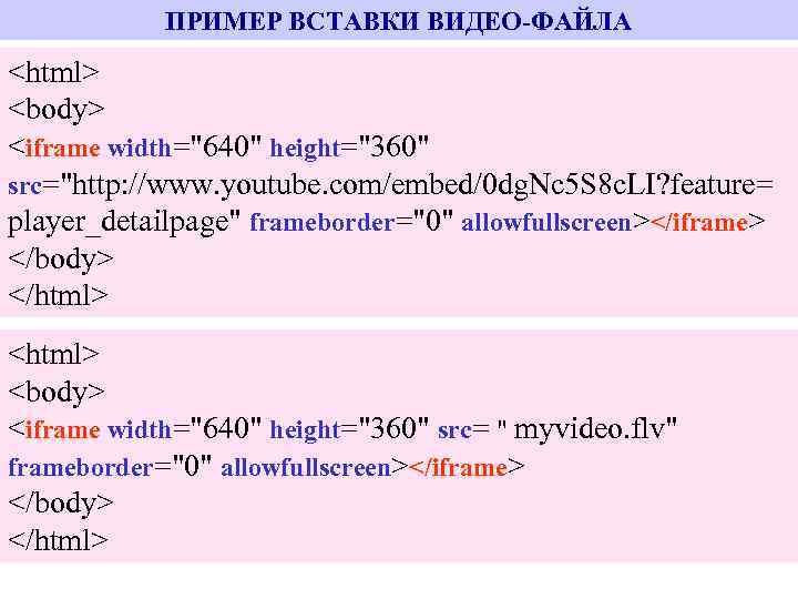 ПРИМЕР ВСТАВКИ ВИДЕО-ФАЙЛА <html> <body> <iframe width="640" height="360" src="http: //www. youtube. com/embed/0 dg. Nc