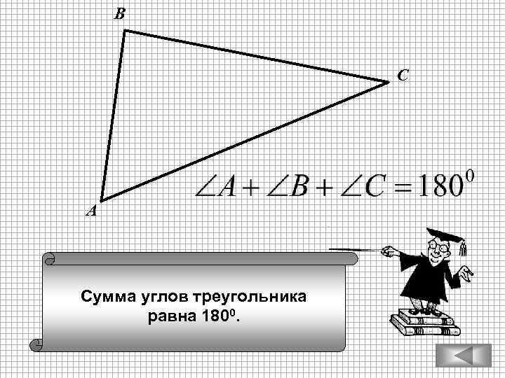 В С А Сумма углов треугольника равна 1800. 