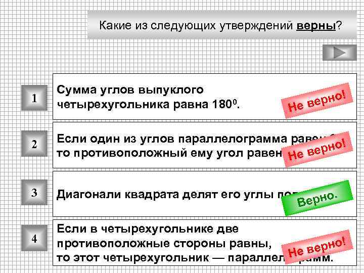 Какие из следующих утверждений верны? 1 Сумма углов выпуклого четырехугольника равна 1800. 2 0