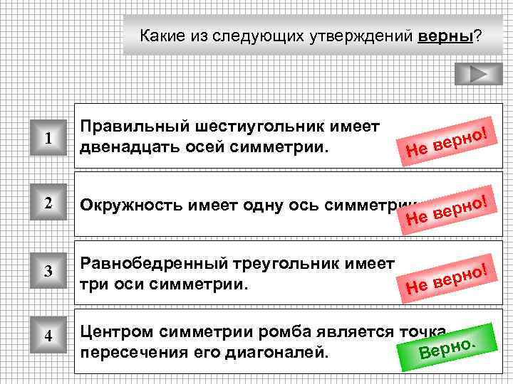 Какие из следующих утверждений верны? 1 Правильный шестиугольник имеет двенадцать осей симметрии. 2 Окружность