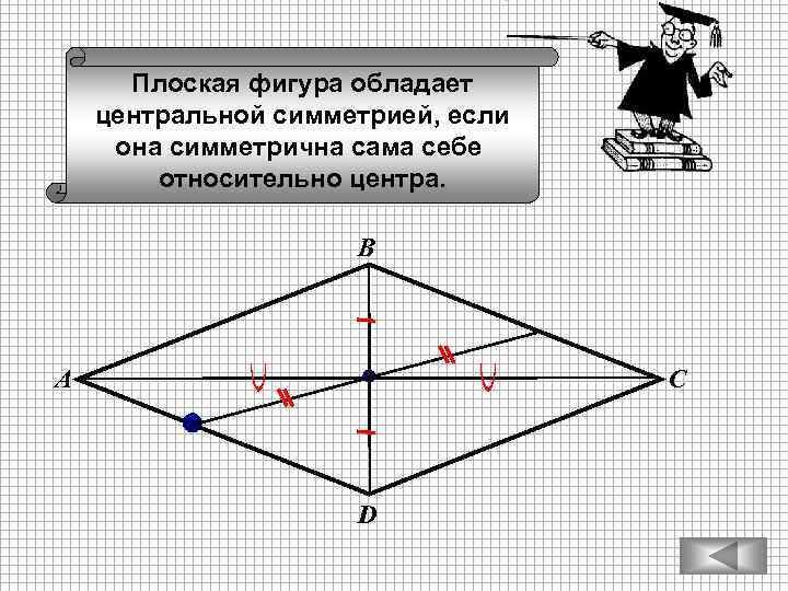 Плоская фигура обладает центральной симметрией, если она симметрична сама себе относительно центра. В А