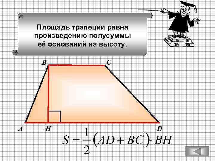 Площадь трапеции равна произведению полусуммы её оснований на высоту. В А Н С D