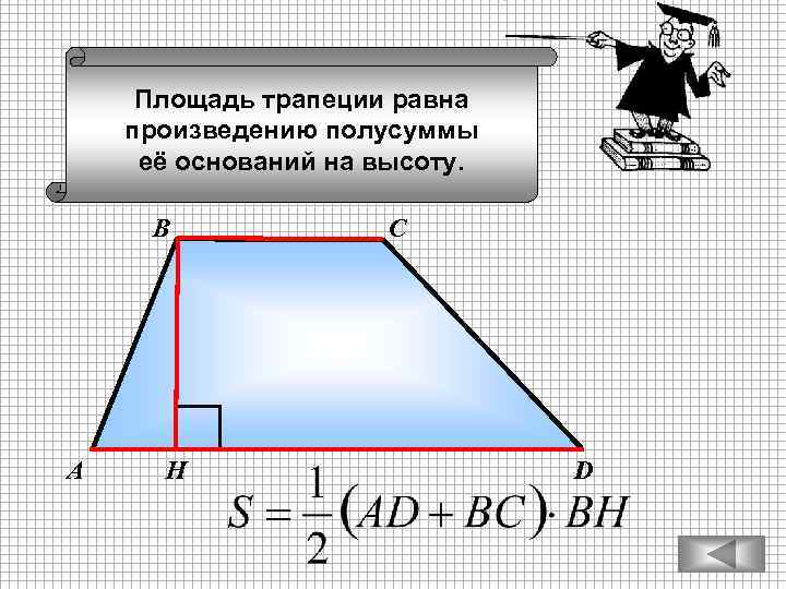 Площадь трапеции равна произведению полусуммы её оснований на высоту. В А Н С D