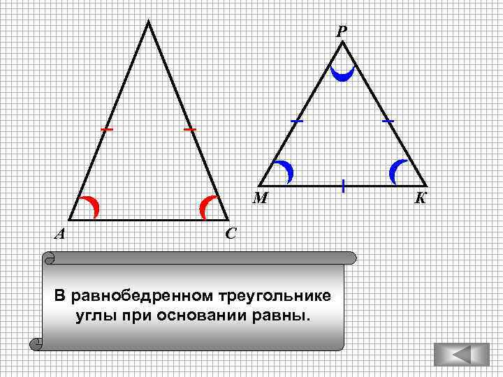 Р М А С В равнобедренном треугольнике углы при основании равны. К 