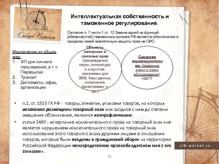 Интеллектуальная собственность и таможенное регулирование. Согласно п. 7 части 1 ст. 12 Закона одной