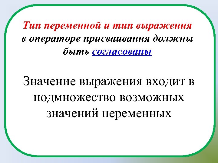 Тип переменной и тип выражения в операторе присваивания должны быть согласованы Значение выражения входит