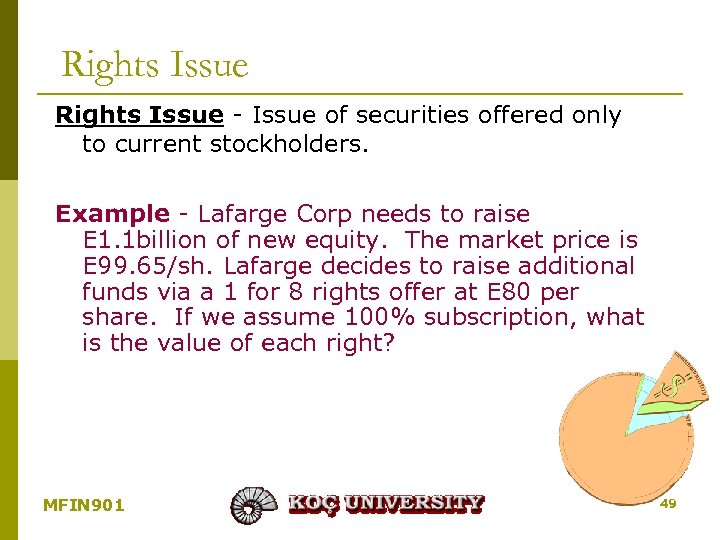 Rights Issue - Issue of securities offered only to current stockholders. Example - Lafarge