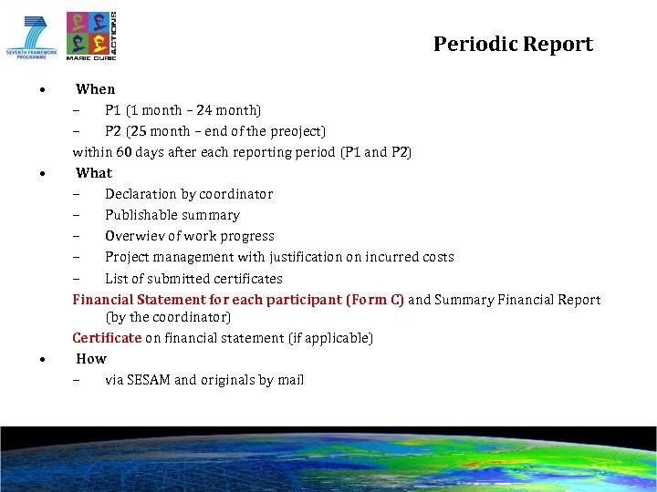 Periodic Report • • • When – P 1 (1 month – 24 month)