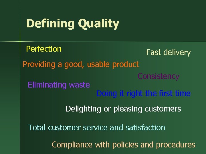 Defining Quality Perfection Fast delivery Providing a good, usable product Consistency Eliminating waste Doing