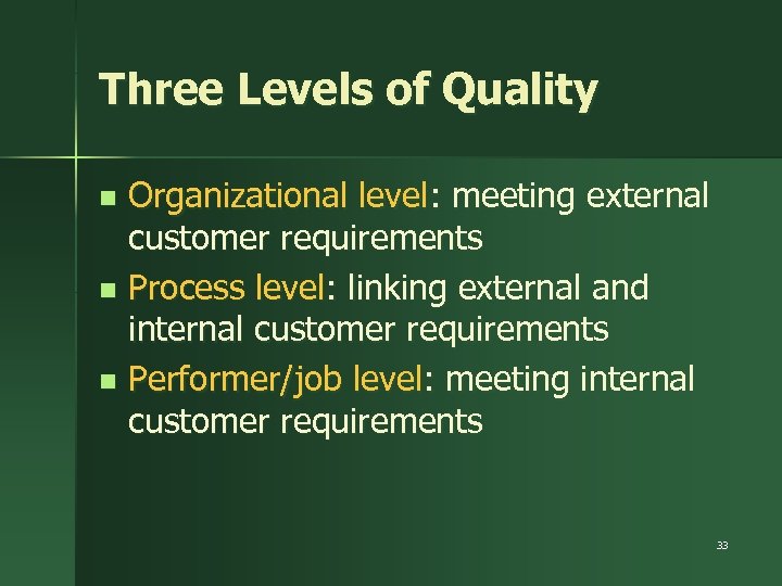 Three Levels of Quality Organizational level: meeting external customer requirements n Process level: linking