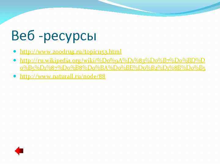 Веб -ресурсы http: //www. zoodrug. ru/topic 1153. html http: //ru. wikipedia. org/wiki/%D 0%9 A%D