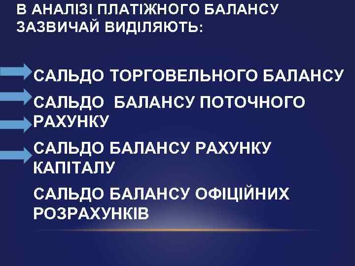 В АНАЛІЗІ ПЛАТІЖНОГО БАЛАНСУ ЗАЗВИЧАЙ ВИДІЛЯЮТЬ: САЛЬДО ТОРГОВЕЛЬНОГО БАЛАНСУ САЛЬДО БАЛАНСУ ПОТОЧНОГО РАХУНКУ САЛЬДО