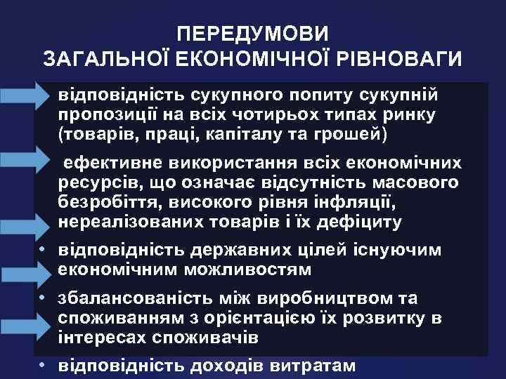 ПЕРЕДУМОВИ ЗАГАЛЬНОЇ ЕКОНОМІЧНОЇ РІВНОВАГИ • відповідність сукупного попиту сукупній пропозиції на всіх чотирьох типах