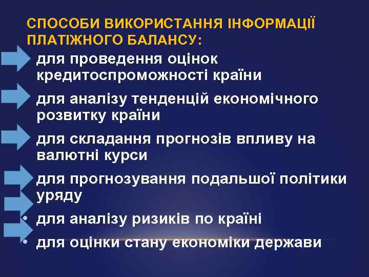 СПОСОБИ ВИКОРИСТАННЯ ІНФОРМАЦІЇ ПЛАТІЖНОГО БАЛАНСУ: • для проведення оцінок кредитоспроможності країни • для аналізу