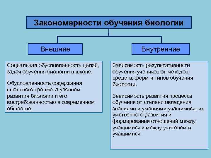 Закономерности обучения биологии Внешние Социальная обусловленность целей, задач обучения биологии в школе. Обусловленность содержания