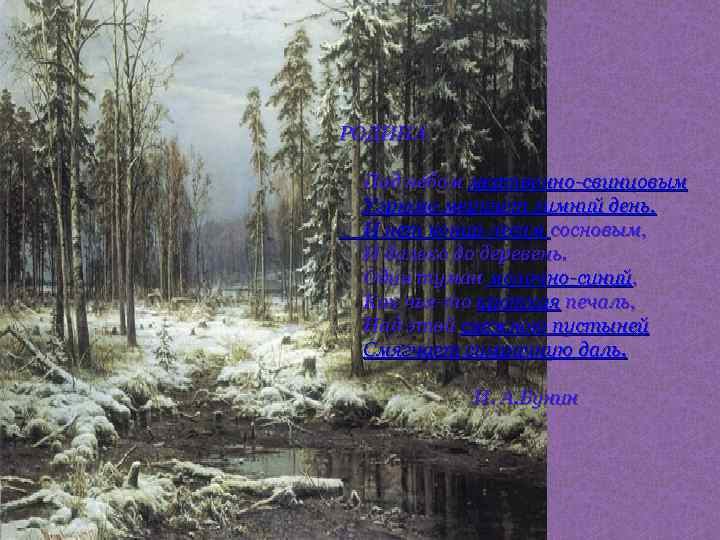 РОДИНА Под небом мертвенно-свинцовым Угрюмо меркнет зимний день, И нет конца лесам сосновым, И