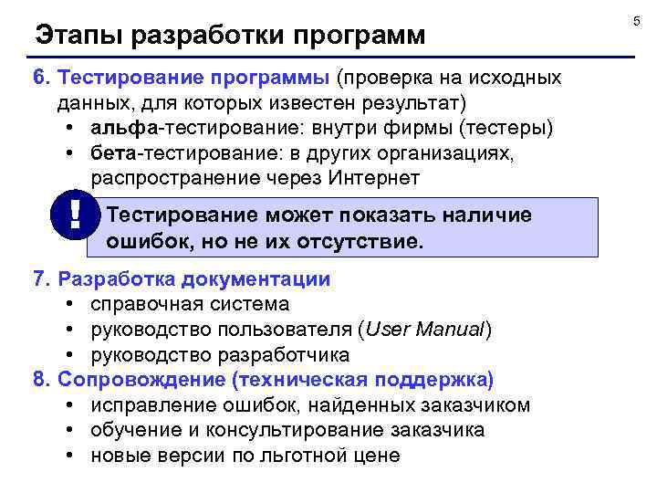 Этапы разработки программ 6. Тестирование программы (проверка на исходных данных, для которых известен результат)