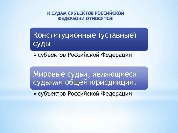 Конституционные (уставные) суды • субъектов Российской Федерации Мировые судьи, являющиеся судьями общей юрисдикции. •