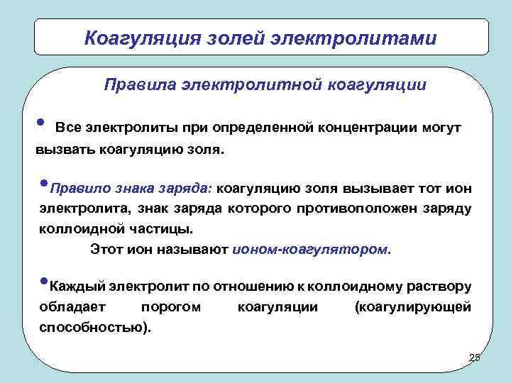Коагуляция золей электролитами Правила электролитной коагуляции • Все электролиты при определенной концентрации могут вызвать