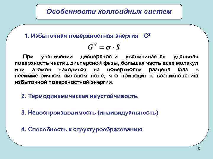 Особенности коллоидных систем 1. Избыточная поверхностная энергия GS При увеличении дисперсности увеличивается удельная поверхность