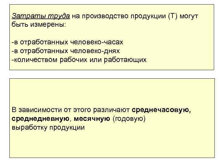 Затраты труда на производство продукции (Т) могут быть измерены: -в отработанных человеко-часах -в отработанных