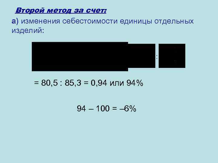 Второй метод за счет: а) изменения себестоимости единицы отдельных изделий: : = 80, 5