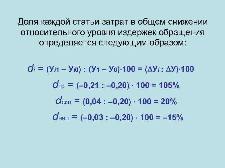 Доля каждой статьи затрат в общем снижении относительного уровня издержек обращения определяется следующим образом: