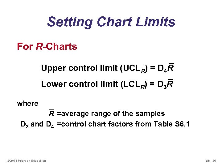 Setting Chart Limits For R-Charts Upper control limit (UCLR) = D 4 R Lower