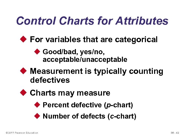 Control Charts for Attributes u For variables that are categorical u Good/bad, yes/no, acceptable/unacceptable