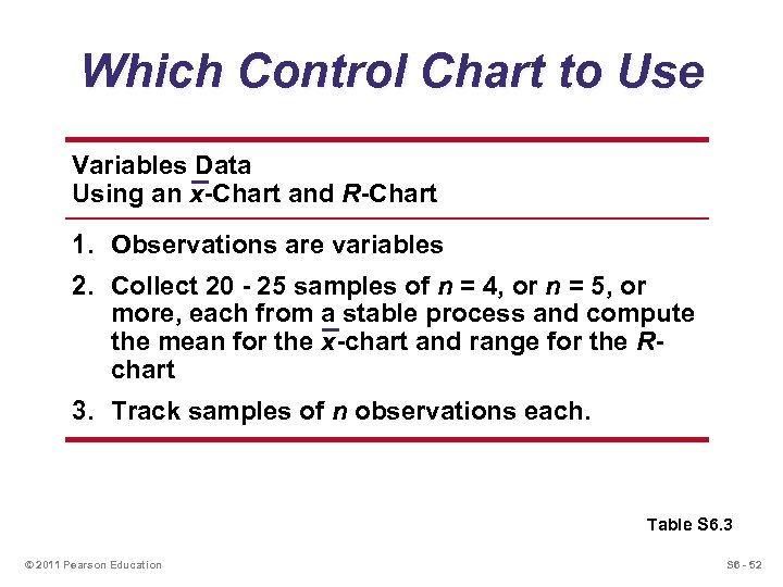 Which Control Chart to Use Variables Data Using an x-Chart and R-Chart 1. Observations