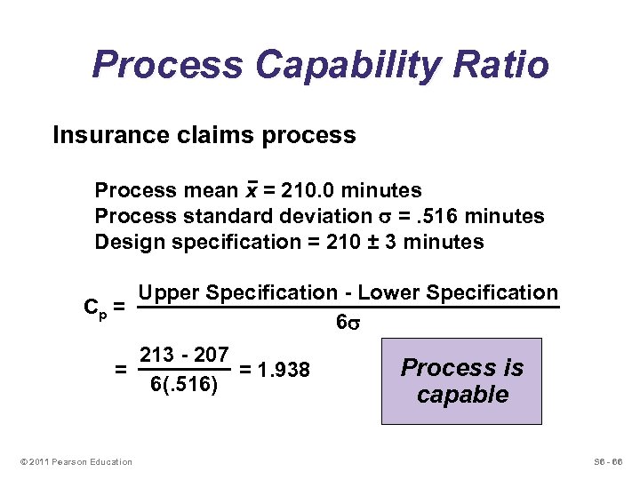 Process Capability Ratio Insurance claims process Process mean x = 210. 0 minutes Process