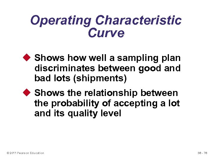 Operating Characteristic Curve u Shows how well a sampling plan discriminates between good and