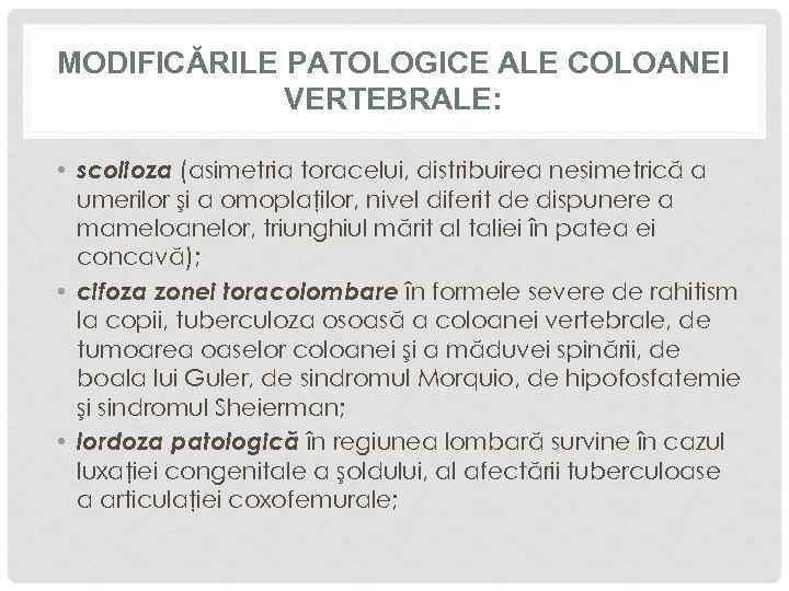 MODIFICĂRILE PATOLOGICE ALE COLOANEI VERTEBRALE: • scolioza (asimetria toracelui, distribuirea nesimetrică a umerilor şi