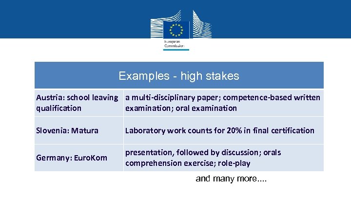 Examples - high stakes Austria: school leaving a multi-disciplinary paper; competence-based written qualification examination;