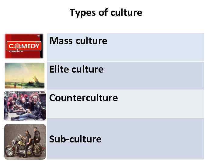 Types of culture Mass culture Elite culture Counterculture Sub-culture 