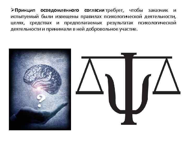 ØПринцип осведомленного согласия требует, чтобы заказчик и испытуемый были извещены правилах психологической деятельности, целях,