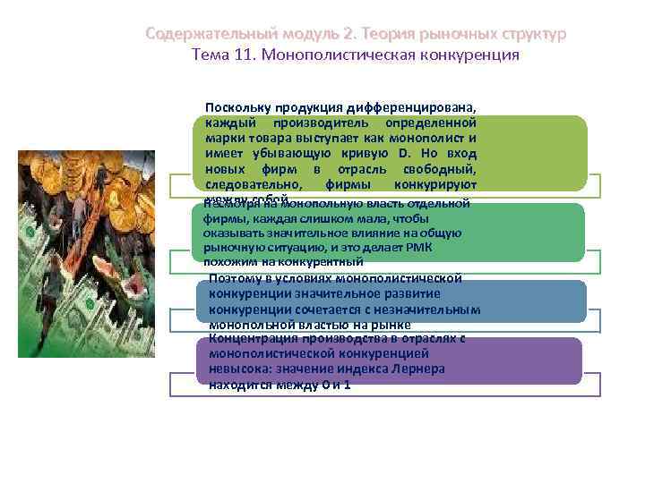 Содержательный модуль 2. Теория рыночных структур Тема 11. Монополистическая конкуренция Поскольку продукция дифференцирована, каждый