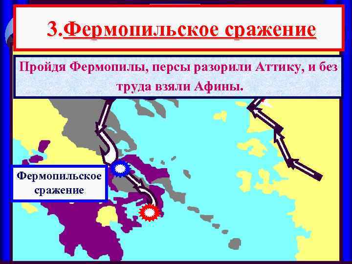 3. Фермопильское сражение Пройдя Фермопилы, персы разорили Аттику, и без труда взяли Афины. Фермопильское