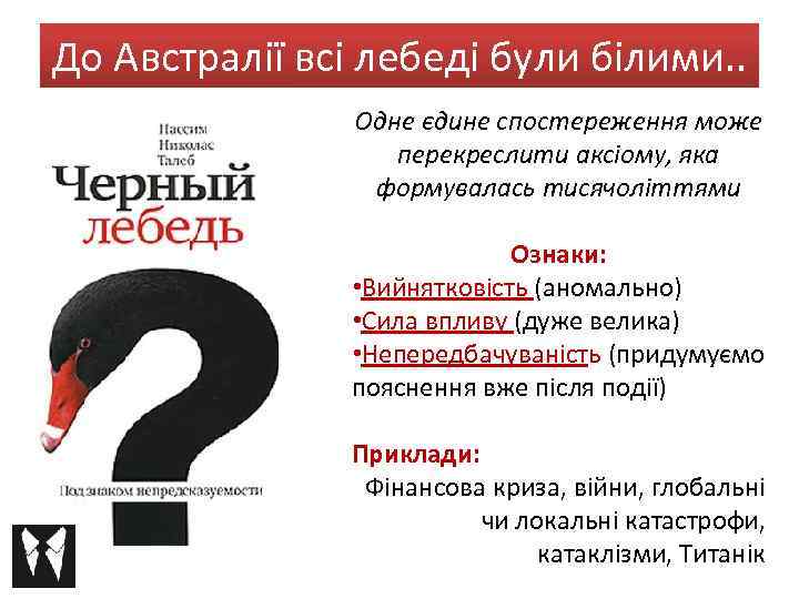 До Австралії всі лебеді були білими. . Одне єдине спостереження може перекреслити аксіому, яка