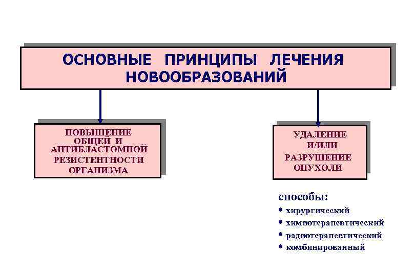 ОСНОВНЫЕ ПРИНЦИПЫ ЛЕЧЕНИЯ НОВООБРАЗОВАНИЙ ПОВЫШЕНИЕ ОБЩЕЙ И АНТИБЛАСТОМНОЙ РЕЗИСТЕНТНОСТИ ОРГАНИЗМА УДАЛЕНИЕ И/ИЛИ РАЗРУШЕНИЕ ОПУХОЛИ