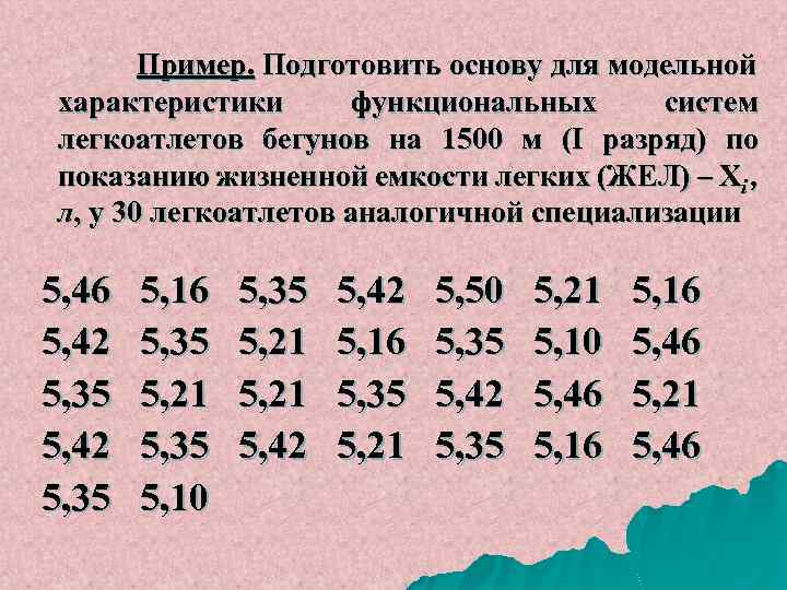 Пример. Подготовить основу для модельной характеристики функциональных систем легкоатлетов бегунов на 1500 м (І