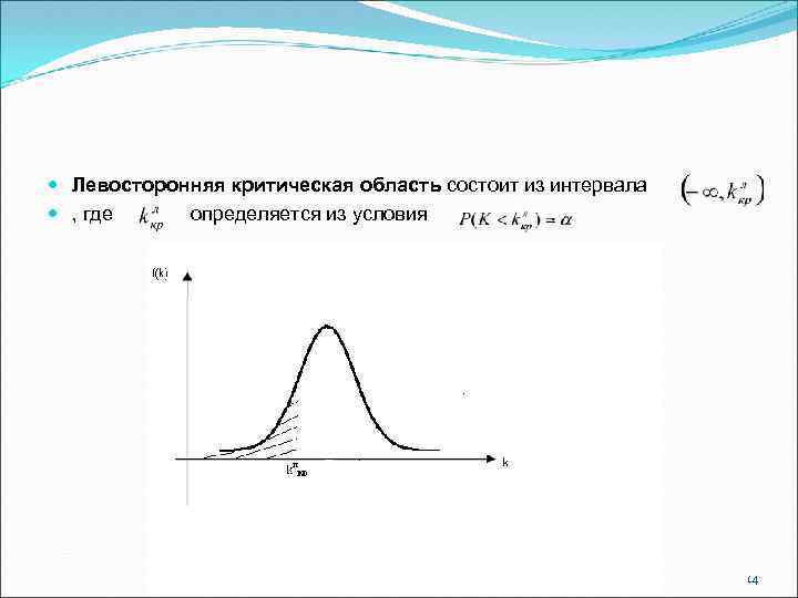  Левосторонняя критическая область состоит из интервала , где определяется из условия. 14 